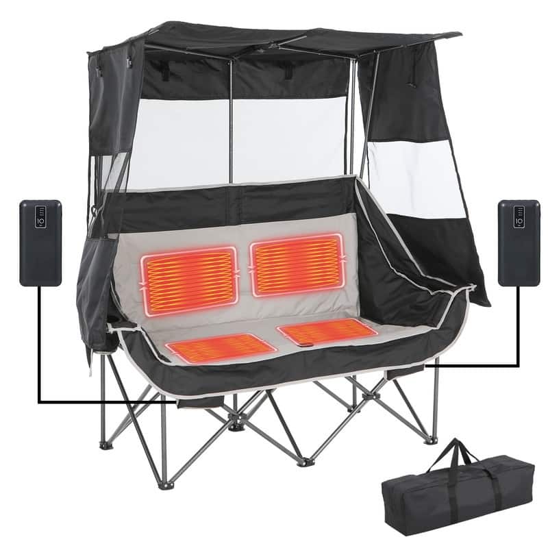 Double Folding Camping Loveseat with Canopy, Cooler, Cup Holders & Storage for Outdoor Activities - Black&Grey - Heated