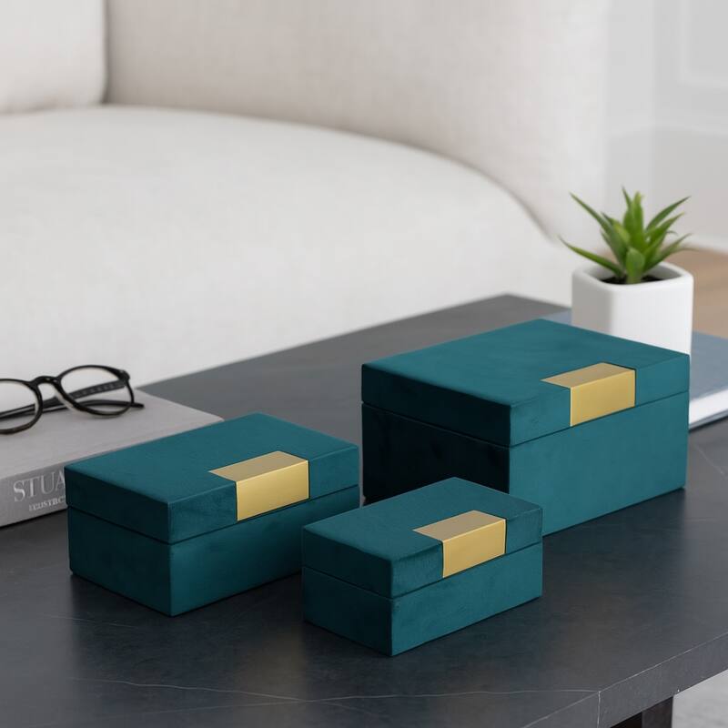 Wood & Velvet Storage Boxes with Gold Accents, Set of 3 - 9" x 7" x 5"