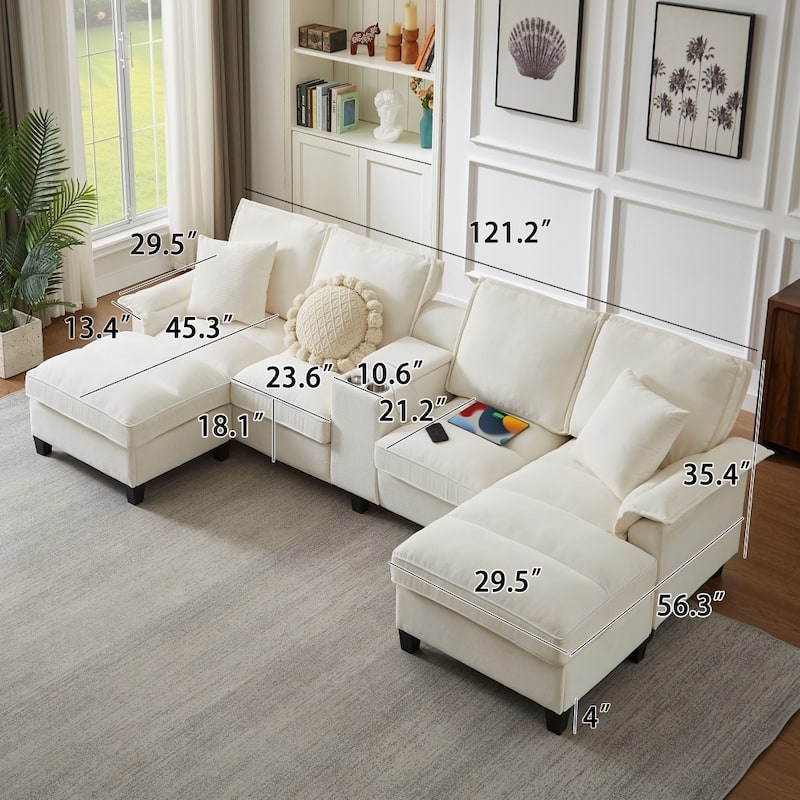 121.2" Modular Corduroy Sectional Sofa with Storage Console and Chaise Footrests