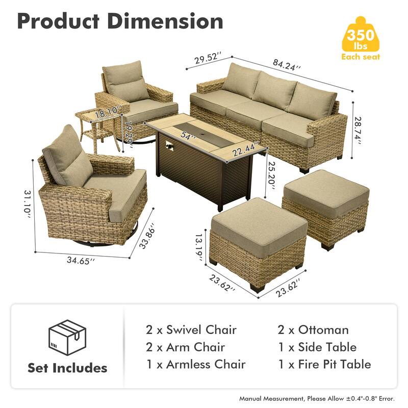 OVIOS 9-Piece T shaped Seat 54" Fire Table Swivel Chair Patio Conversation Set