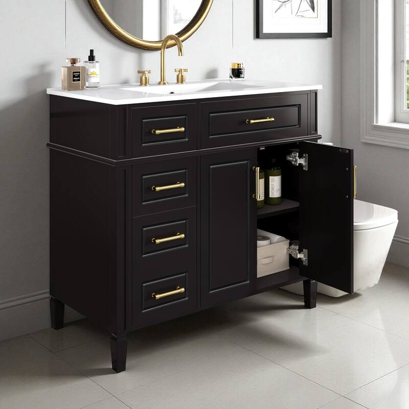 36" Freestanding Bathroom Vanity with Sink, Solid Pinewood & MDF Cabinet, 4 Drawers, 2 Doors, Gold Metal Handles