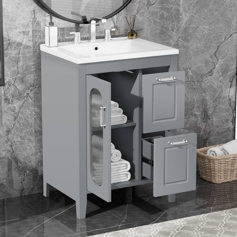24" Bathroom Vanity with Sink, Bathroom Vanity Cabinet with Two Drawers and Door, Adjustable Shelf, Solid Wood and MDF