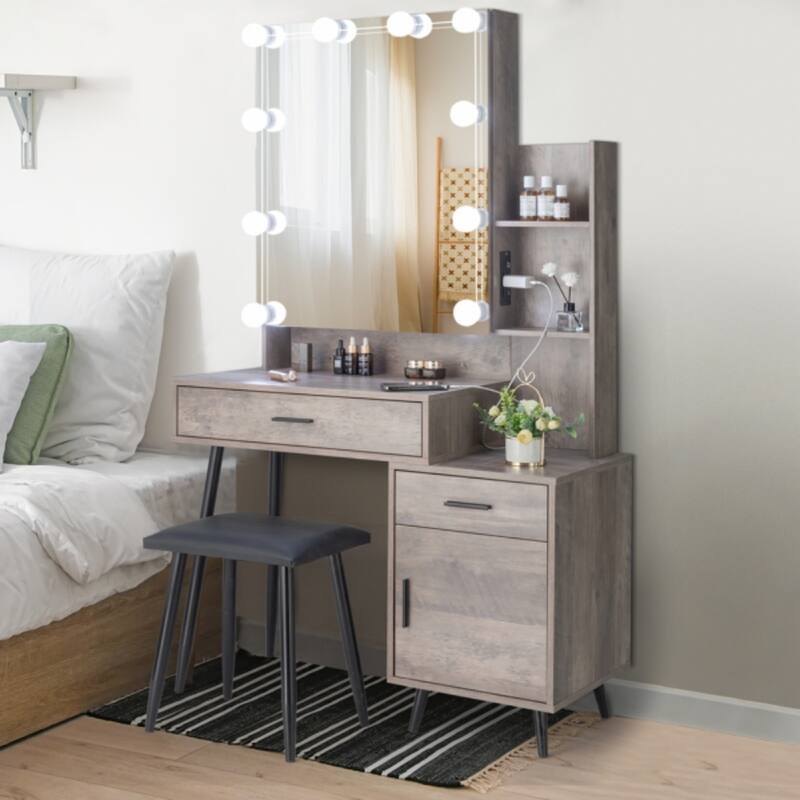 Vanity Set with 3 Light Bulbs, Mirror Cabinet, and Storage - 43.3 x 15.7 x 63