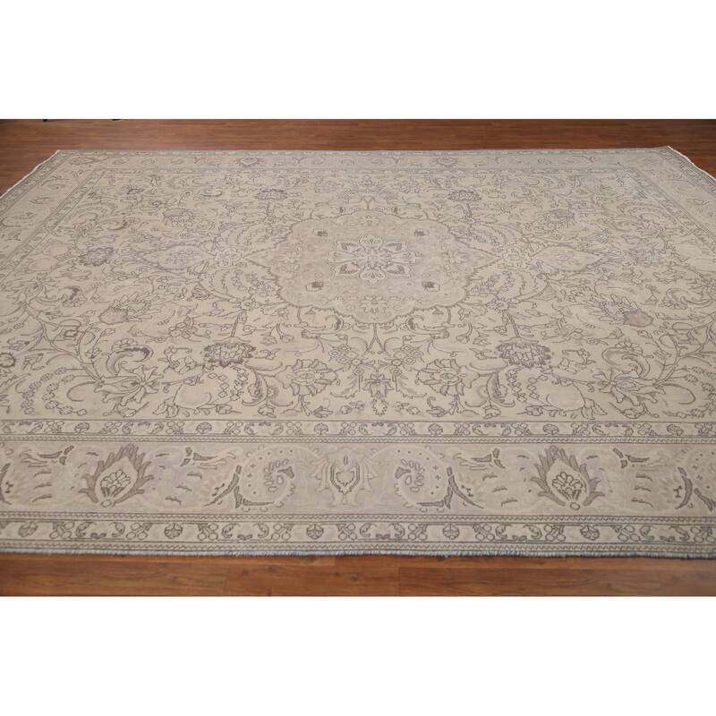 Hand Knotted Oriental 100% Wool Carpet Traditional Floral Beige & Ivories Tabriz Area Rug - 13' 2'' X 9' 10''