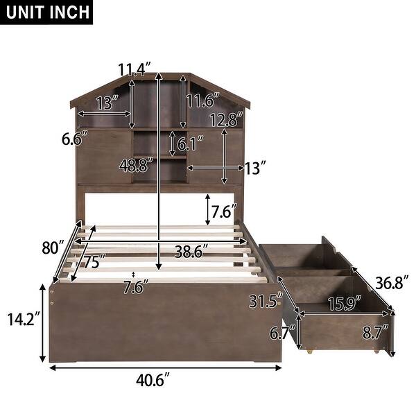 dimension image slide 1 of 4, Wood Platform Bed with House-Shaped Storage Headboard and 2 Drawers