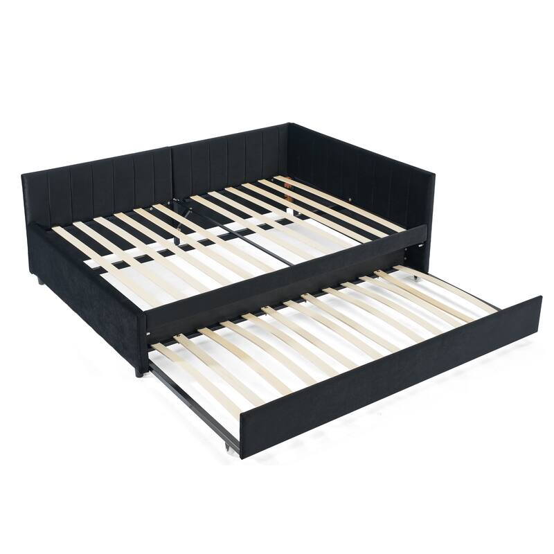 Full Size Upholstered Tufted Sofa Bed with Trundle, Velvet, Black (79.5''x58''x25'')