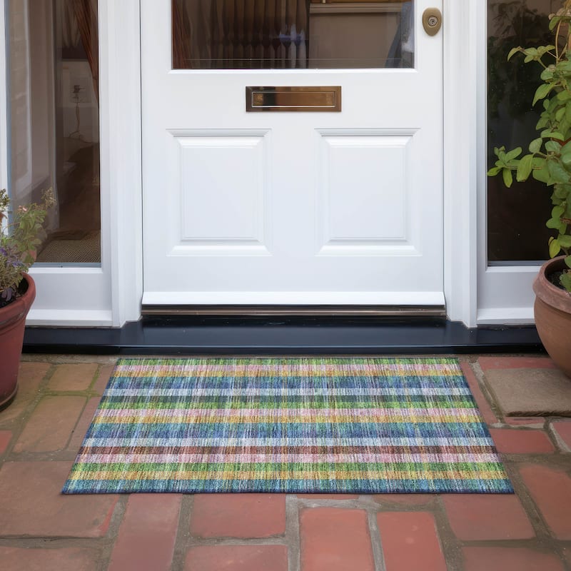 Machine Washable Indoor/ Outdoor Modern Plaid Chantille Rug - Navy - 1'8" x 2'6"