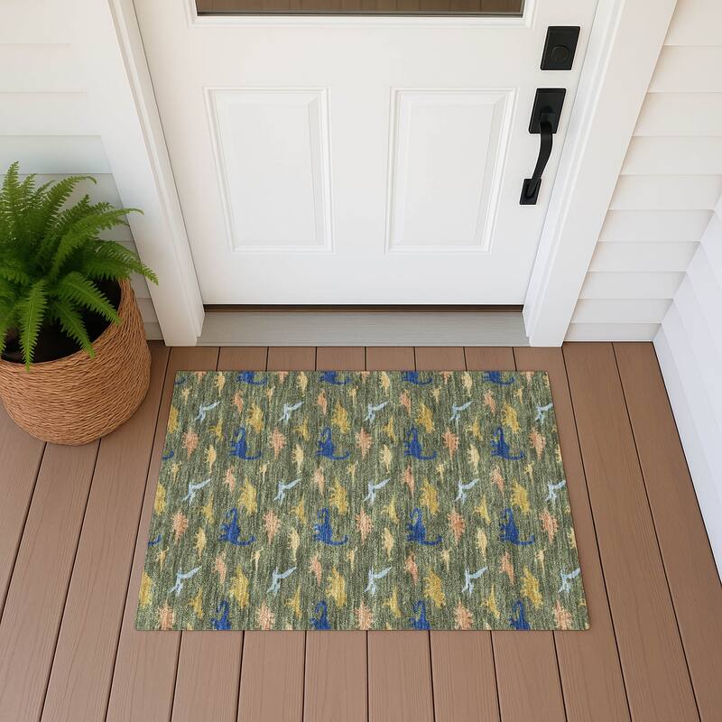 Machine Washable Indoor/ Outdoor Modern Dinosaur Chantille Rug - Olive - 1'8" x 2'6"