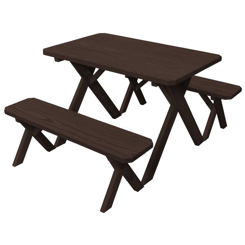 Pine 5' Cross-Leg Picnic Table with 2 Benches - Walnut Stain