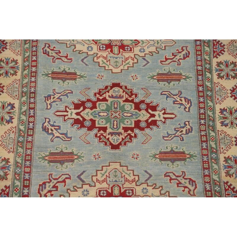 Light Blue Geometric Kazak Area Rug Handmade Wool Carpet - 4'11" x 6'10"