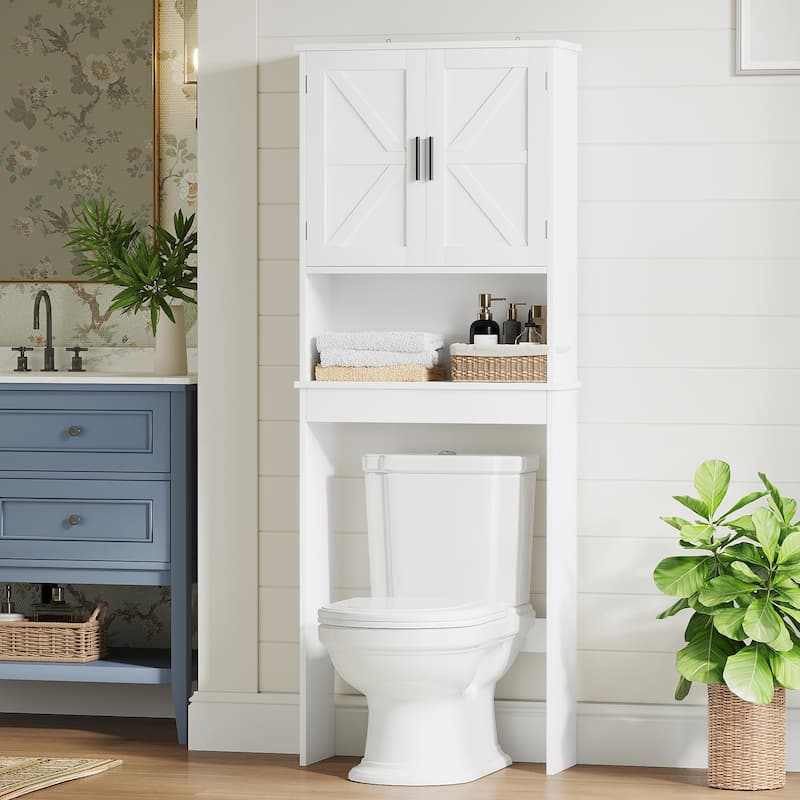 Over The Toilet Storage Cabinet with Adjustable Shelf, Bathroom Space Saver Organizer with Double Doors and Open Shelf