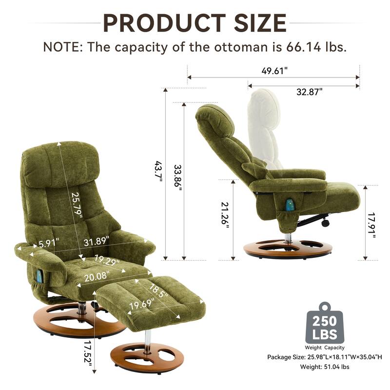 Recliner Chair with Ottoman, Modern 360° Swivel Lounge Chair with Footstool, Chenille Fabric, 5 Point Vibration Massage