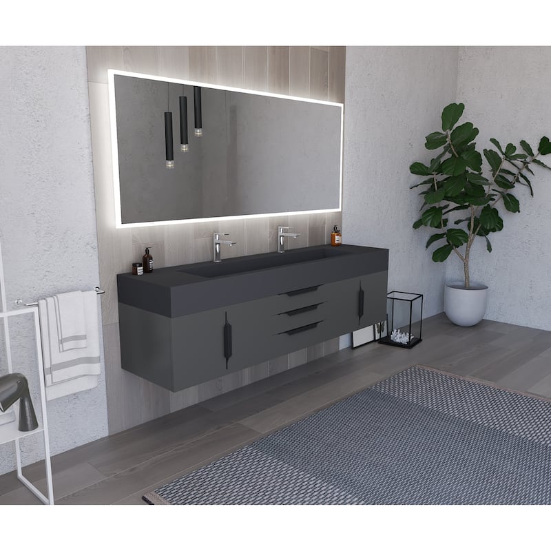 Nile 72" Wall Mounted Bathroom Vanity Set w/ Black Top