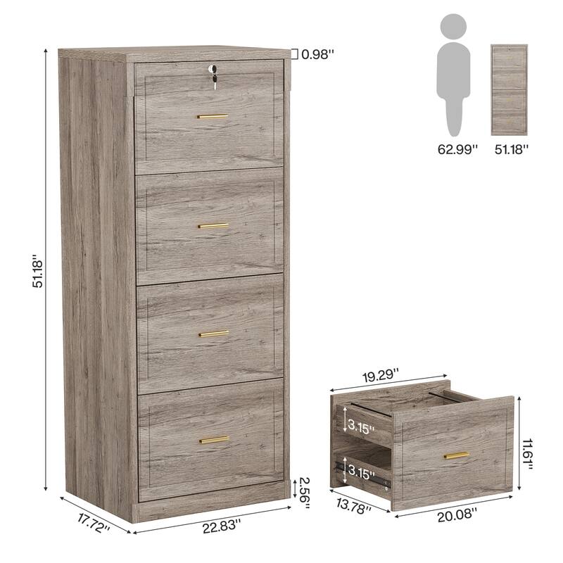 4-Drawer File Cabinet with Lock and Key, Vertical Wooden Filling Cabinet for A4/Letter/Legal Size Files