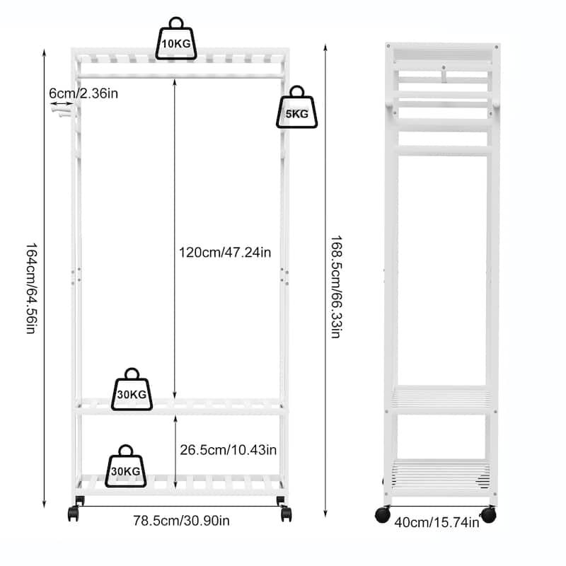 Bamboo Rolling Clothes Rack with Storage Shelves and Hanging Rod - W 30.9" x D 15.75" x H 66.34"
