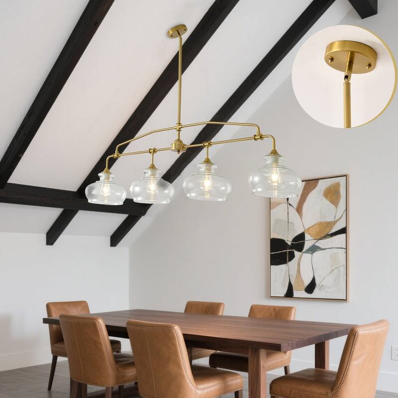 3-Light Brass Farmhouse Chandelier with Clear Glass Shade, Dimmable Hanging Light for Dining Room
