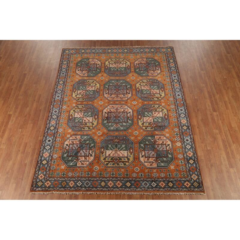 Orange Geometric Khotan Oriental Area Rug Hand-Knotted Wool Carpet - 8'0"x 10'1"