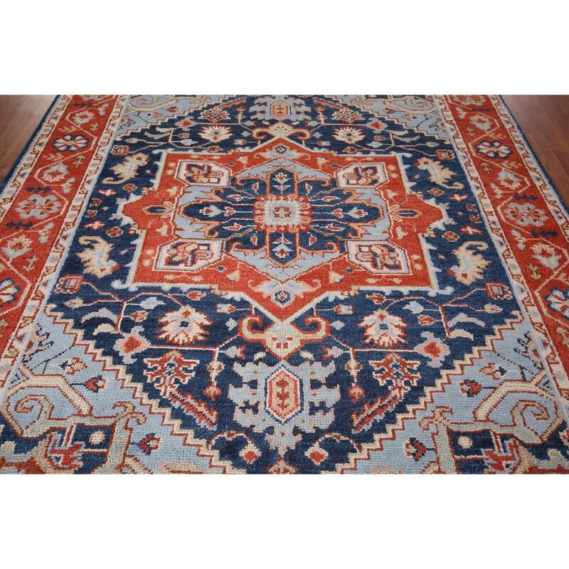Blues & Orange Heriz Serapi Indian Area Rug Hand-Knotted Wool Carpet - 7'7" x 9'11"