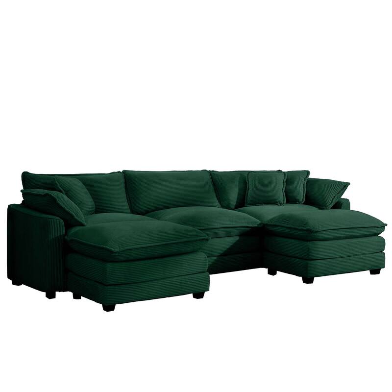 Green 115" Corduroy Cloud U-Shaped Sectional Sofa with 2 Removable Ottomans