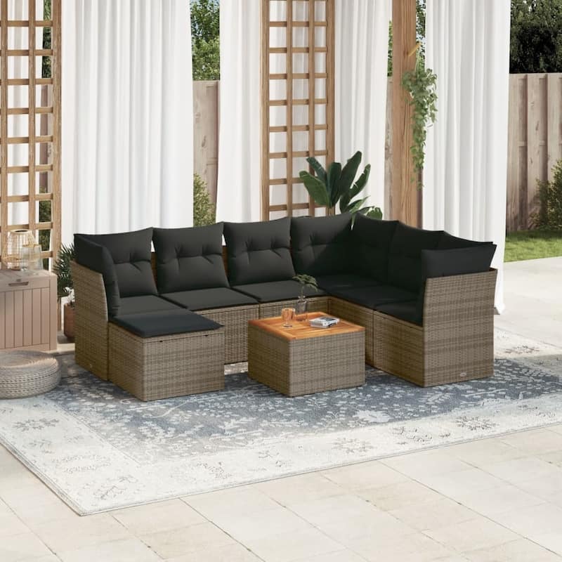 vidaXL Patio Sofa Set with Cushions Outdoor Furniture 8 Piece Poly Rattan - 21.7 x 21.7 x 14.6 - Grey-3x middle+table+3x corner
