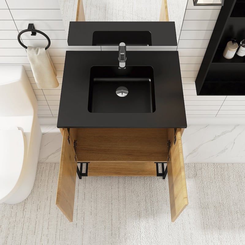 Freestanding Bathroom Vanity Set in Oak with Integrated Solid Surface Sink