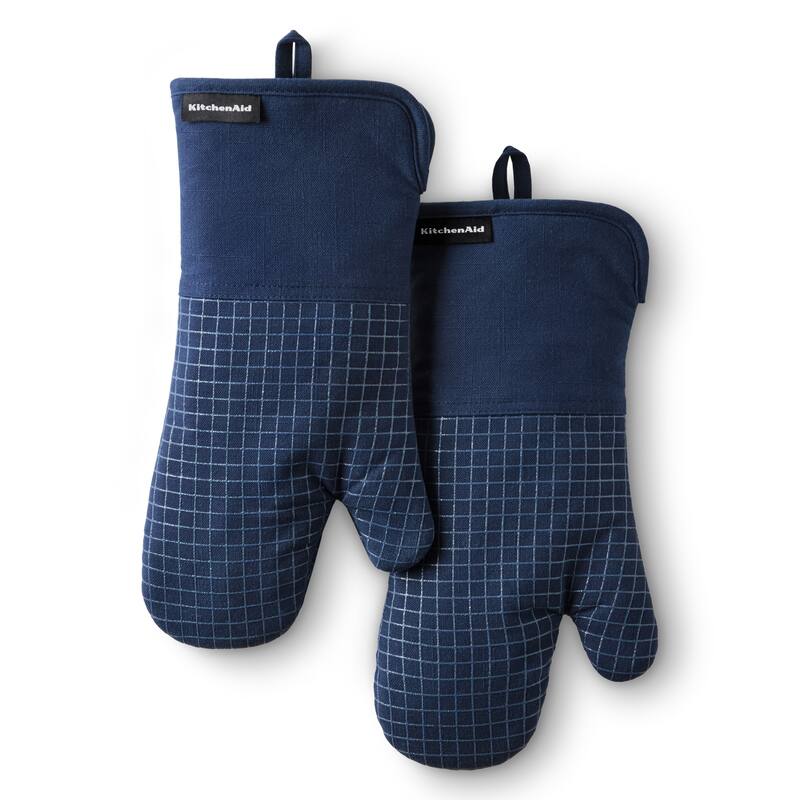 KITCHENAID Gourmet Series Gridlines Oven Mitts 2-Pack Set, Heat Resistant up to 600°F, Soft Silicone Grip, Magnetic Cuff - Ink Blue