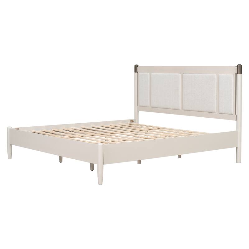 Solid Wood Platform Bed Frame, No Box Spring Needed, Upholstered Headboard Wingback Bed, Wood Slat Support