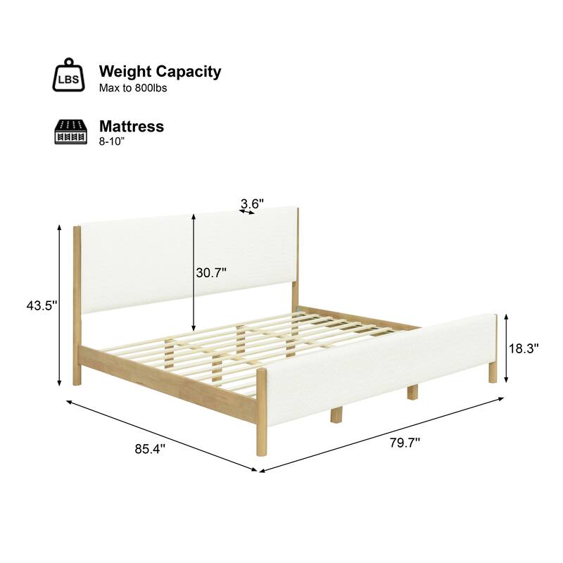 Modern White Boucle Upholstered Bed, King/Queen Size with Rubberwood Legs