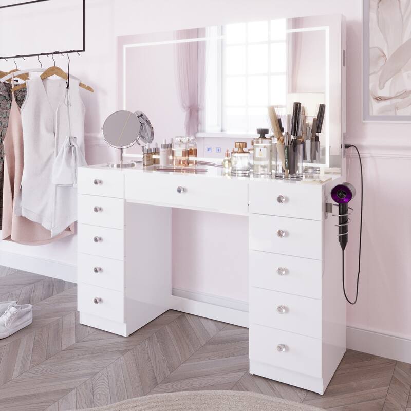 Boahaus Premium Makeup Vanity Desk Full-Width LED Mirror, Bluetooth Speakers 11 Drawers