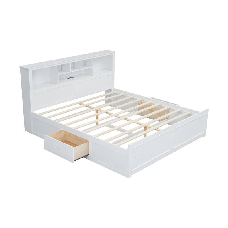 King Size Solid Wood Platform Bed Frame with Storage Headboard, Drawer