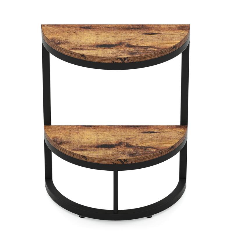Slim Half Moon 2-Tier Semi-Circle End Table, 19.69" Rustic Brown Wooden Side Table with Storage Shelf for Small Spaces