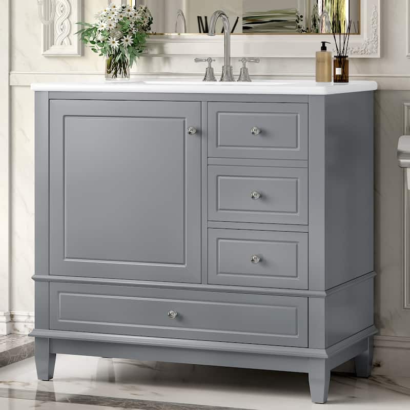36" Bathroom Vanity with Ceramic Sink - MDF & Solid Wood Base, 3 Drawers & Storage Cabinet, Freestanding Design, 4" Faucet Holes