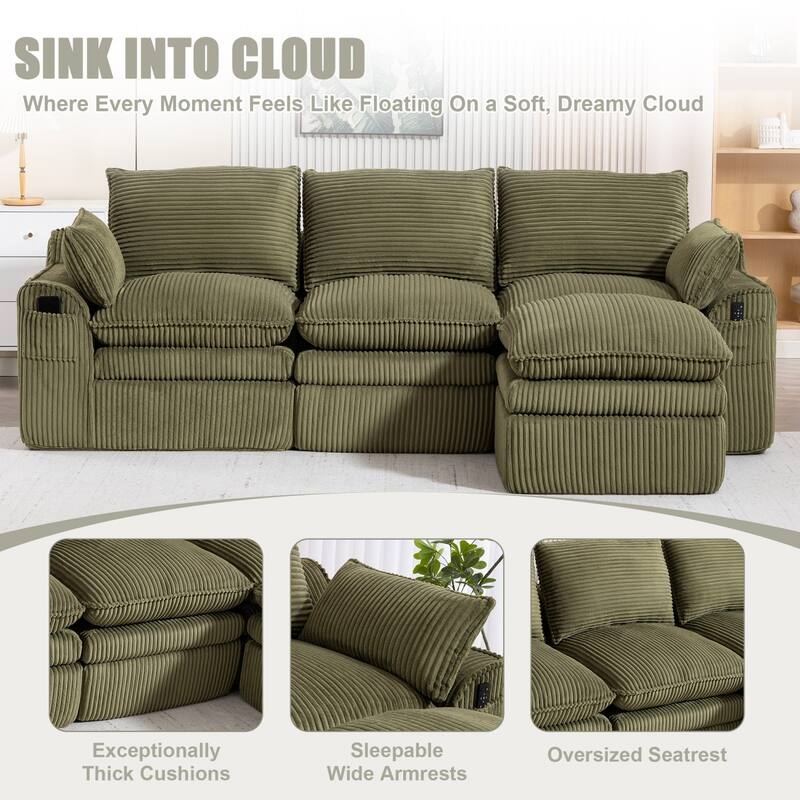 103" L-Shaped Corduroy Boneless Sectional Sofa with Movable Ottoman