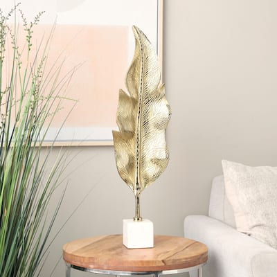 Gold Aluminum Metal Tall Textured Leaf Sculpture with White Marble Base