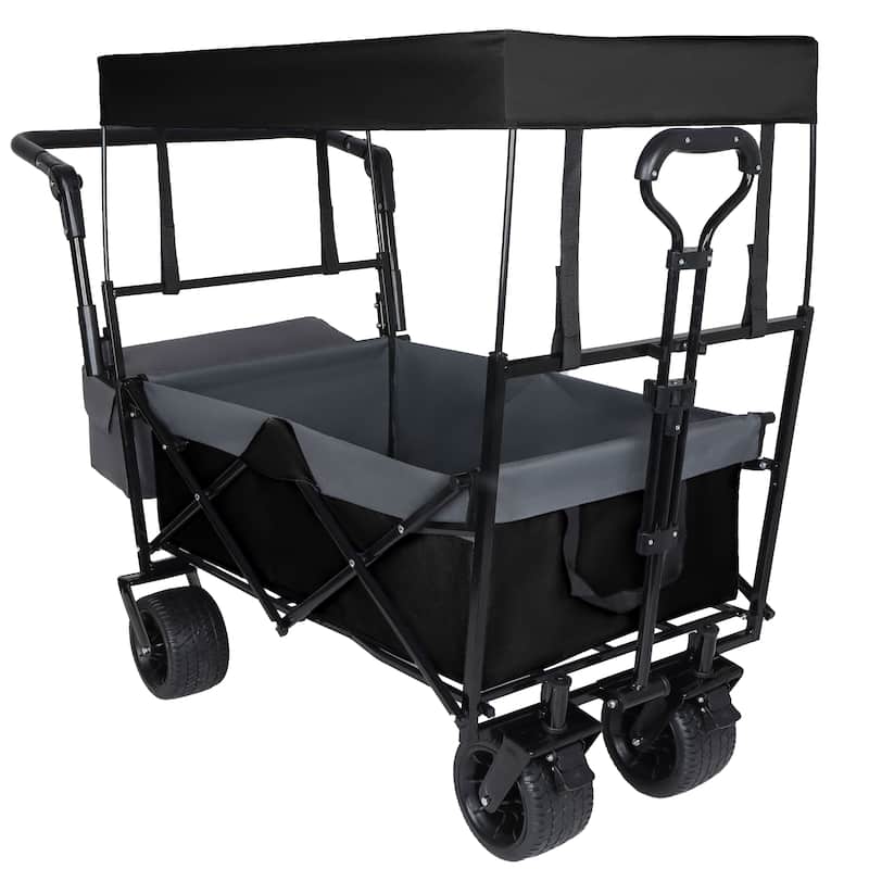 480lb Capacity Collapsible Wagon with Canopy & Push Handle - 7" All-Terrain Wheels, Black