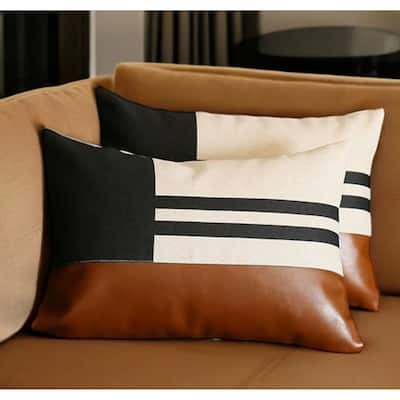 Set of Two 12" X 20" Brown Black and Ivory Striped Fabric and Faux Leather Lumbar Throw Pillows