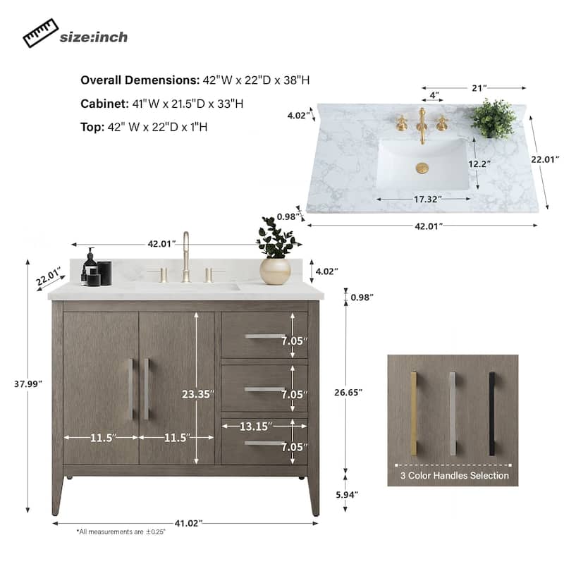 Vanity Art 42" Single Sink Bathroom Vanity Cabinet with Engineered Marble Countertop