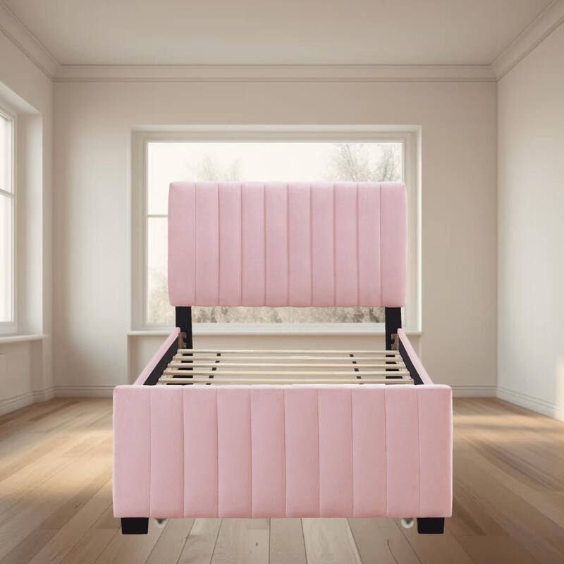 Twin Size Velvet Upholstered Platform Bed Frame with Trundle, No Box Spring, Space-Saving Design, Sturdy Construction - Pink - Twin
