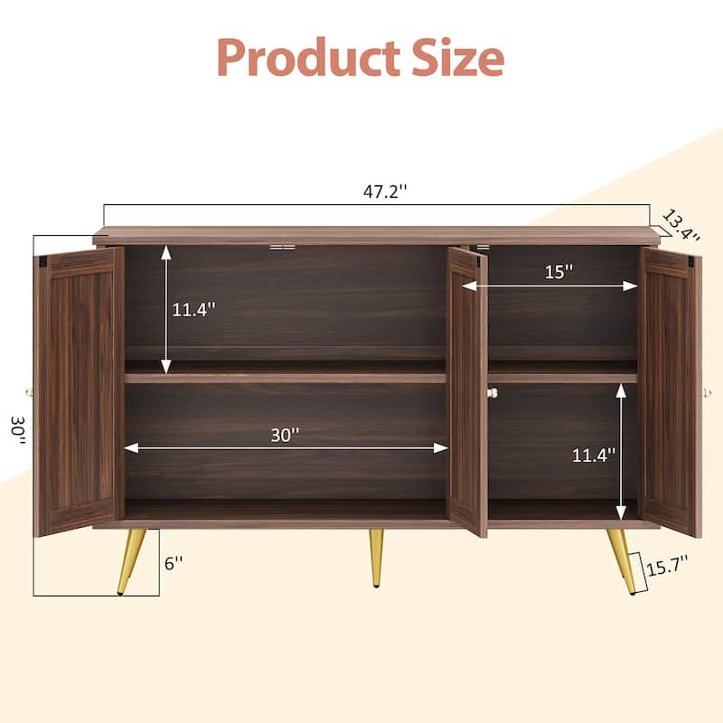 Rattan Storage Cabinet With 3 Door, Farmhouse Style Buffet Sideboard - N/A