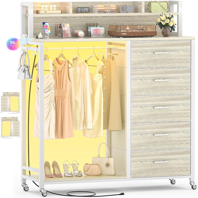 5 Drawers Dresser with Charging Station & LED Lights, Chest of Drawers with Hanging Rod ＆ Lockable Wheels ＆ Storage Shelves