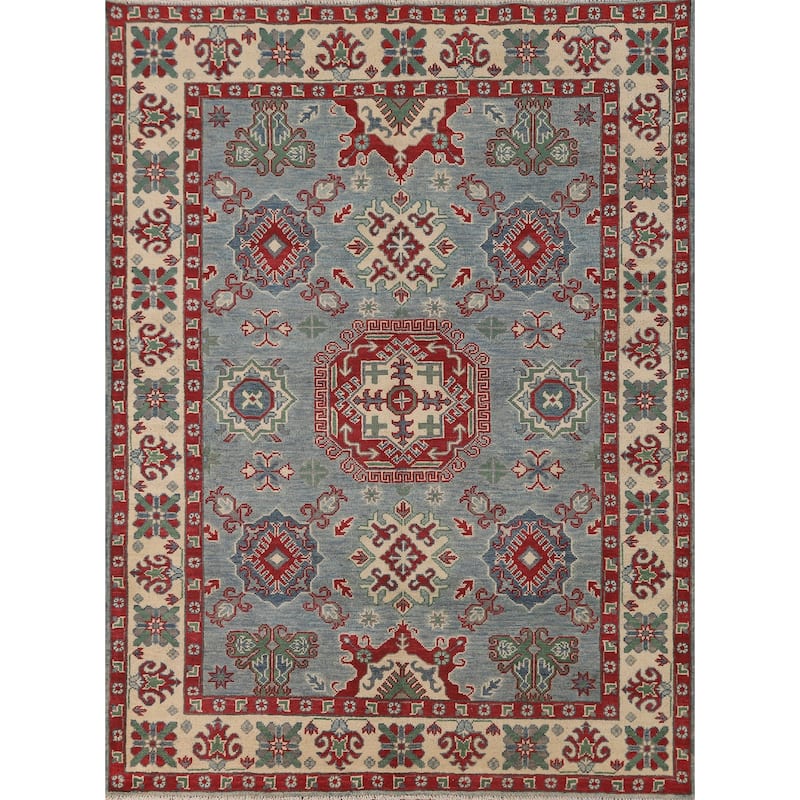 Blue Geometric Kazak Area Rug Hand-Knotted Wool Carpet - 4'11" x 6'4"