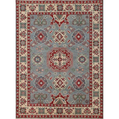 Blue Geometric Kazak Area Rug Hand-Knotted Wool Carpet - 4'11" x 6'4"
