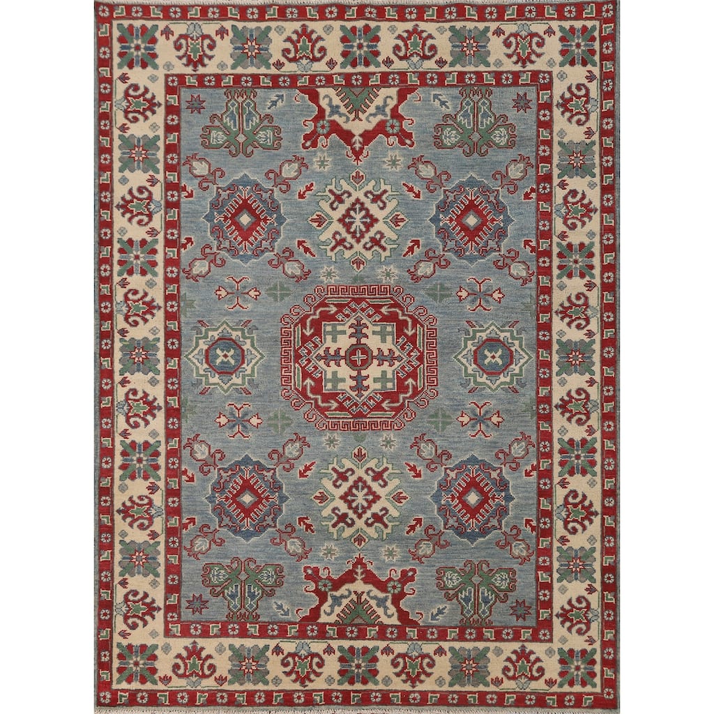 Blue Geometric Kazak Area Rug Hand-Knotted Wool Carpet - 4'11" x 6'4"