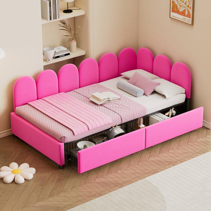 L-Shape Garden Backrest Daybed, Velvet Upholstered Sofabed with 2 Drawers, Soft Fabric Headboard Platform Bed Frame
