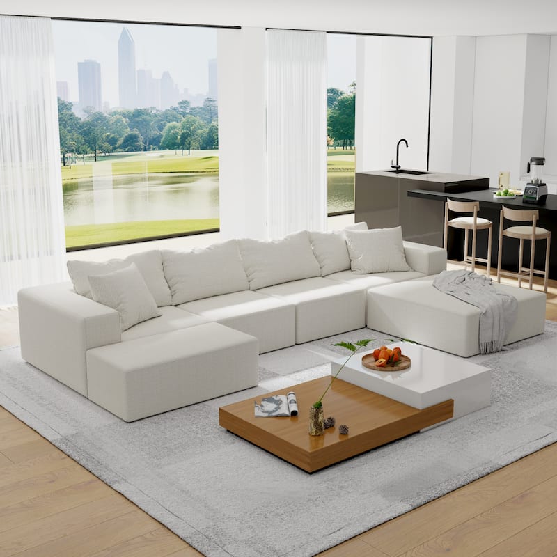 132" Chenille L-Shaped Sectional Sofa with 6 Pillows