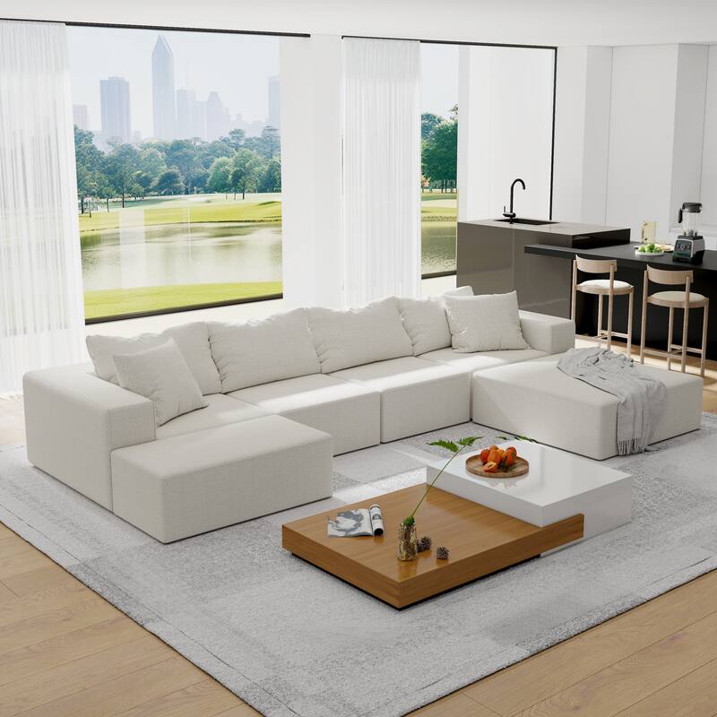 Modular L Shaped Sectional Sofa 6 Seat Convertible Cloud Couch, Free Combination - Beige