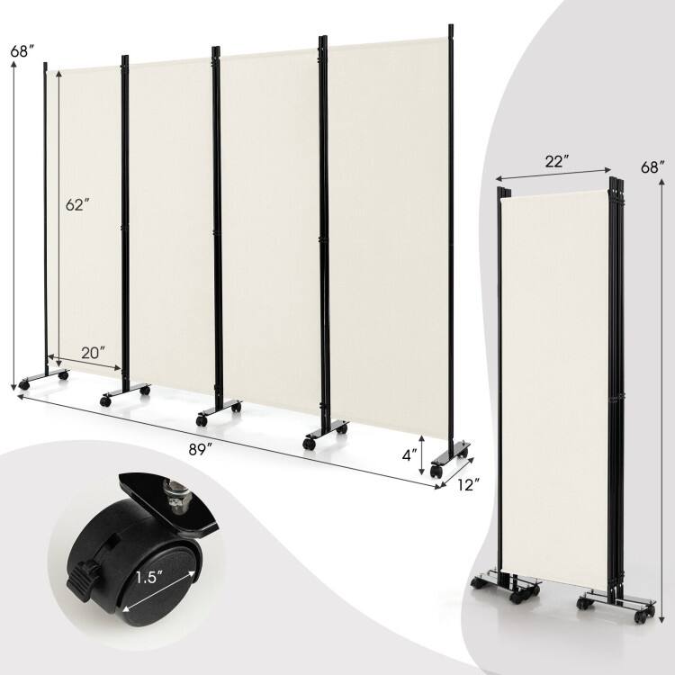 4-Panel Folding Room Divider Rolling Privacy Screen with Lockable Wheels - 89" x 12" x 68" (L x W x H)