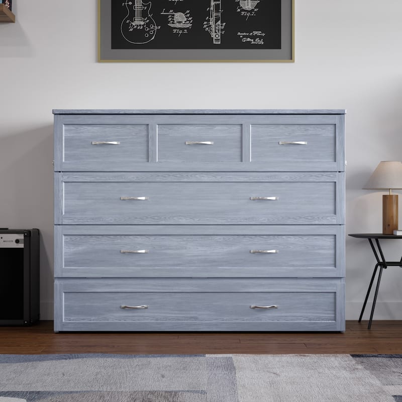Northfield Full Murphy Bed Chest with 6" Mattress, Storage Drawer & Built-In Charger in Driftwood
