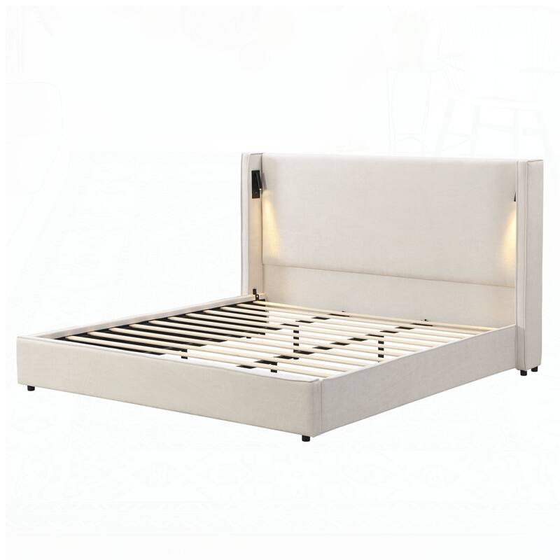 Upholstered Bed Frame with High Wingback Headboard,Reading Lamp and USB port
