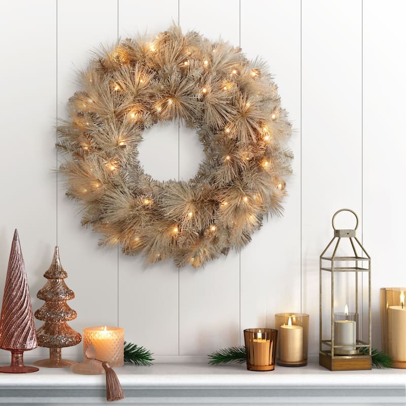 Puleo International 24" Battery-Operated Pre-Lit Tan Wreath with 35 Warm White Lights